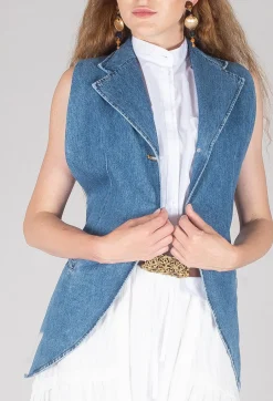 Longline Denim Waistcoat in Celeste