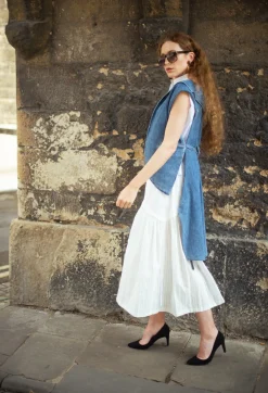 Longline Denim Waistcoat in Celeste