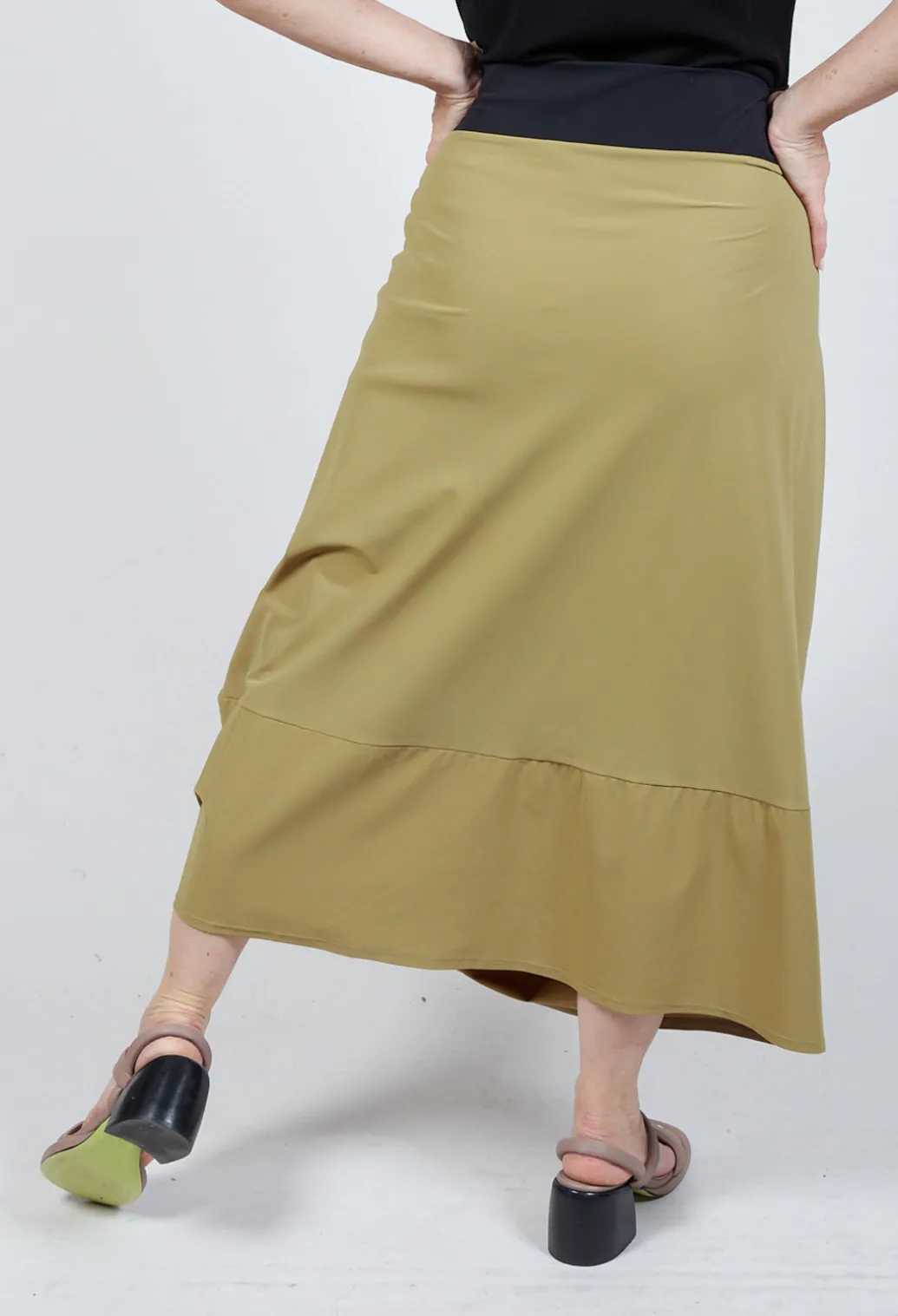 Midi Skirt with Asymmetric Tulip Hem in Green
