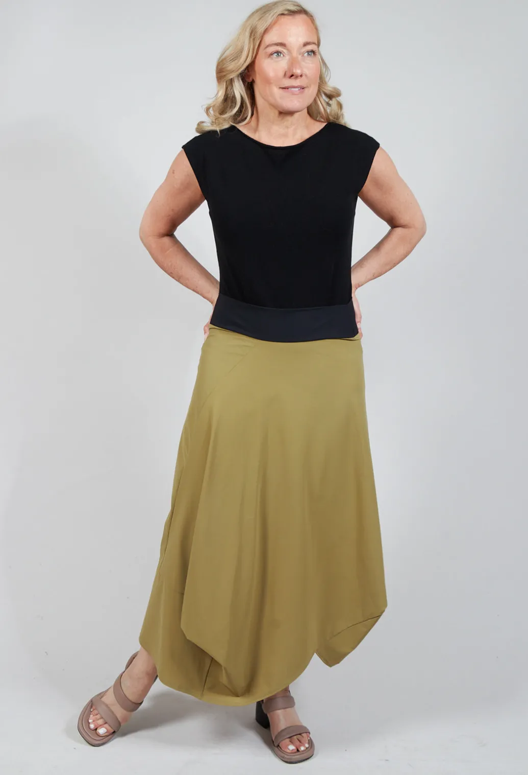 Midi Skirt with Asymmetric Tulip Hem in Green