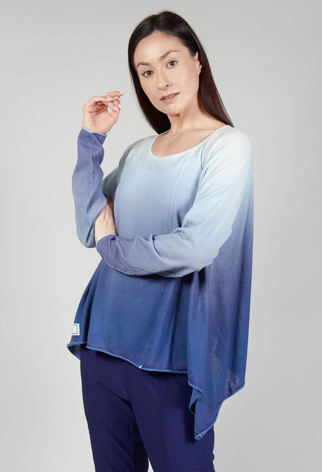 Ombre Knitted Top with Asymmetric Hem in Azur Print