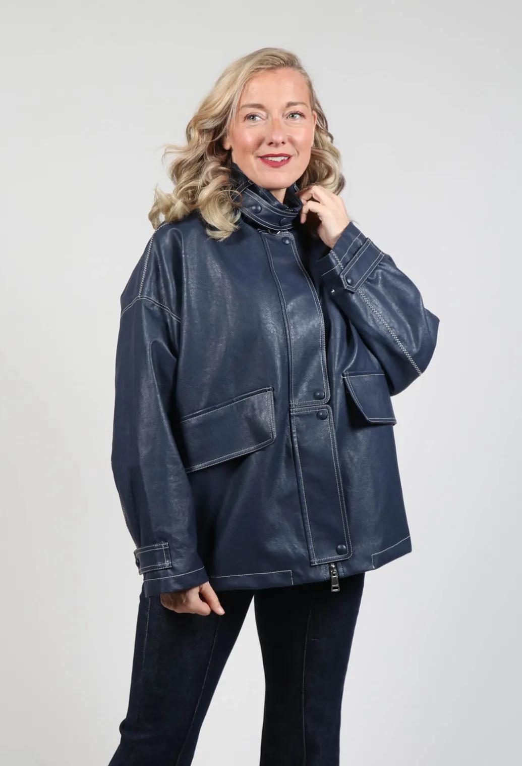 Parka Faux Leather Jacket in Blue Notte