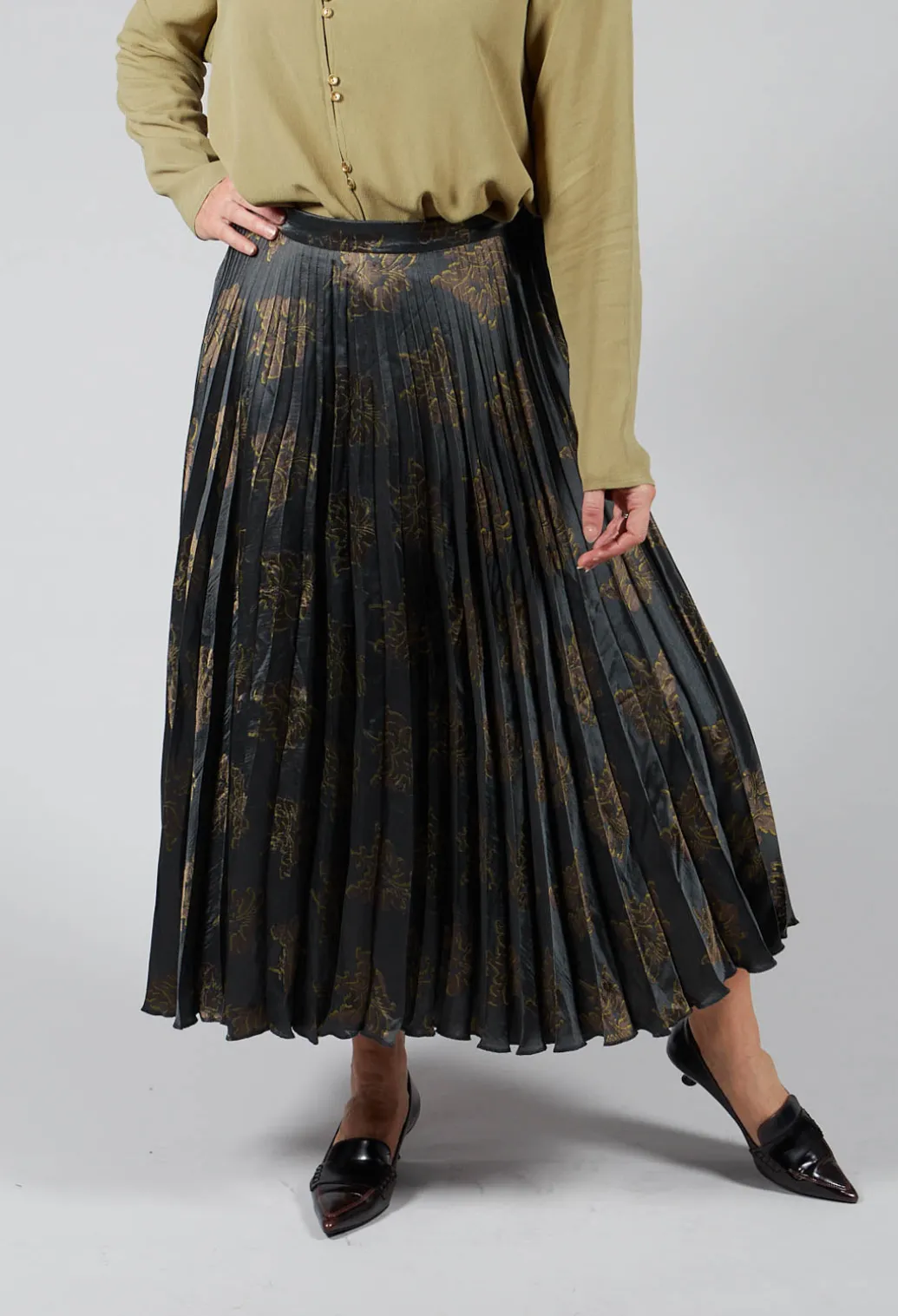 Pleated Midi Skirt in Grigio / Moro / Lime