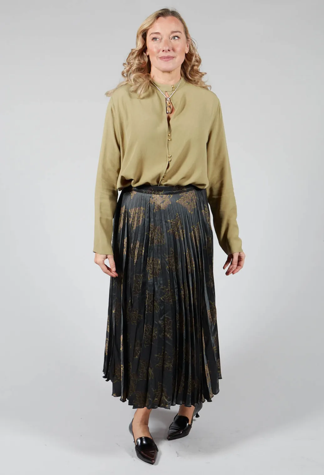 Pleated Midi Skirt in Grigio / Moro / Lime