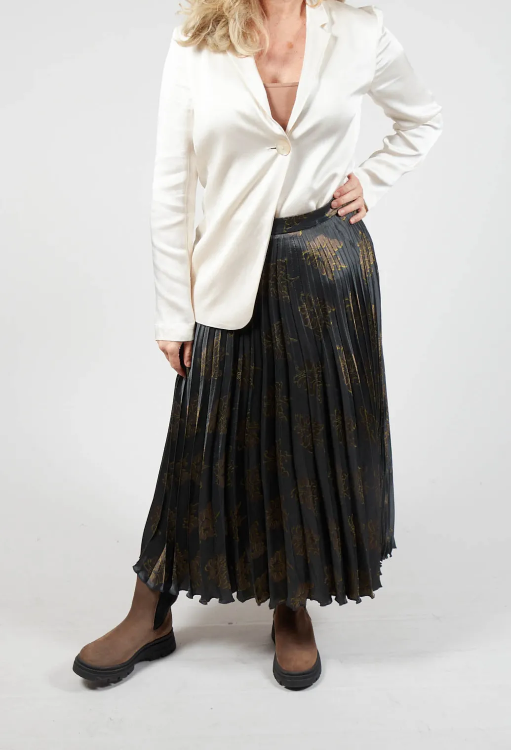 Pleated Midi Skirt in Grigio / Moro / Lime