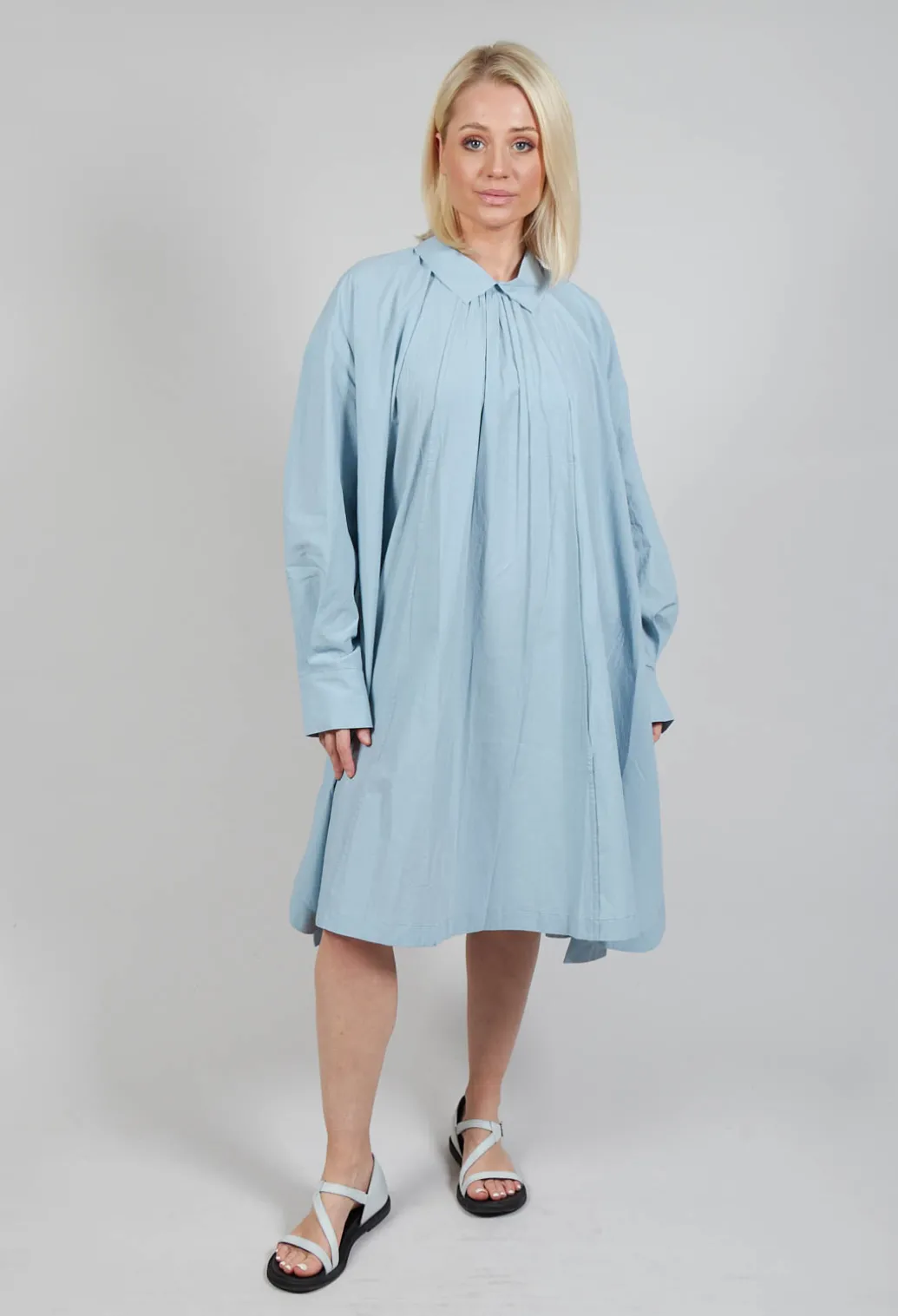 Pleated Neckline Shirt Dress in Blue