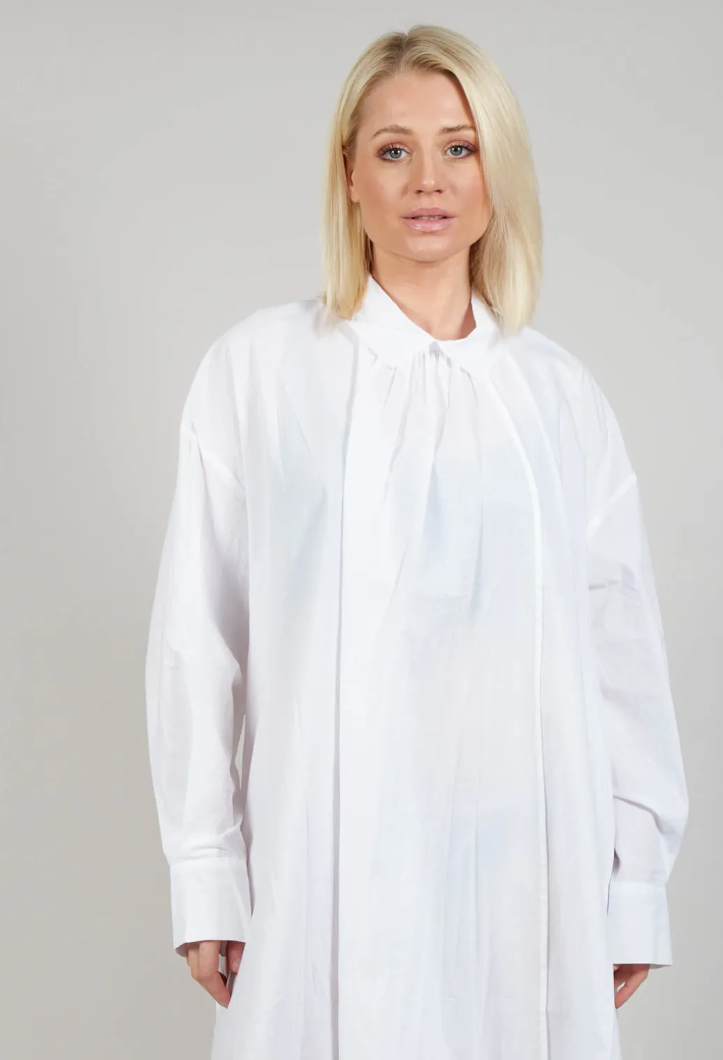 Pleated Neckline Shirt Dress in White