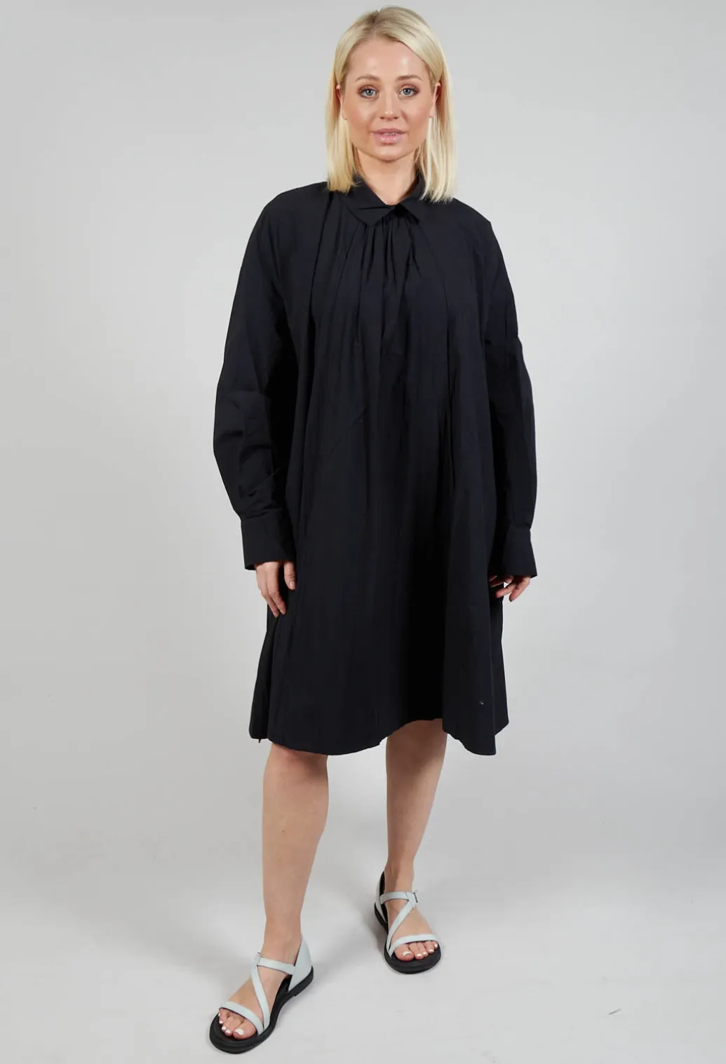 Pleated Neckline Shirt Dress in Black