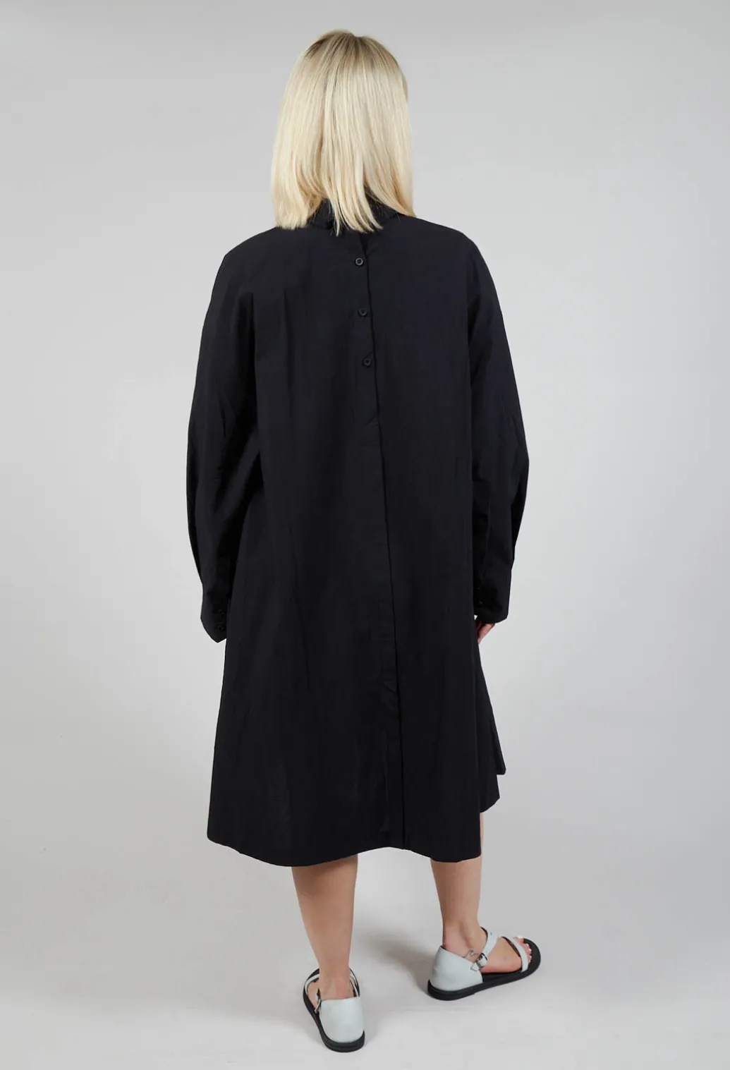 Pleated Neckline Shirt Dress in Black