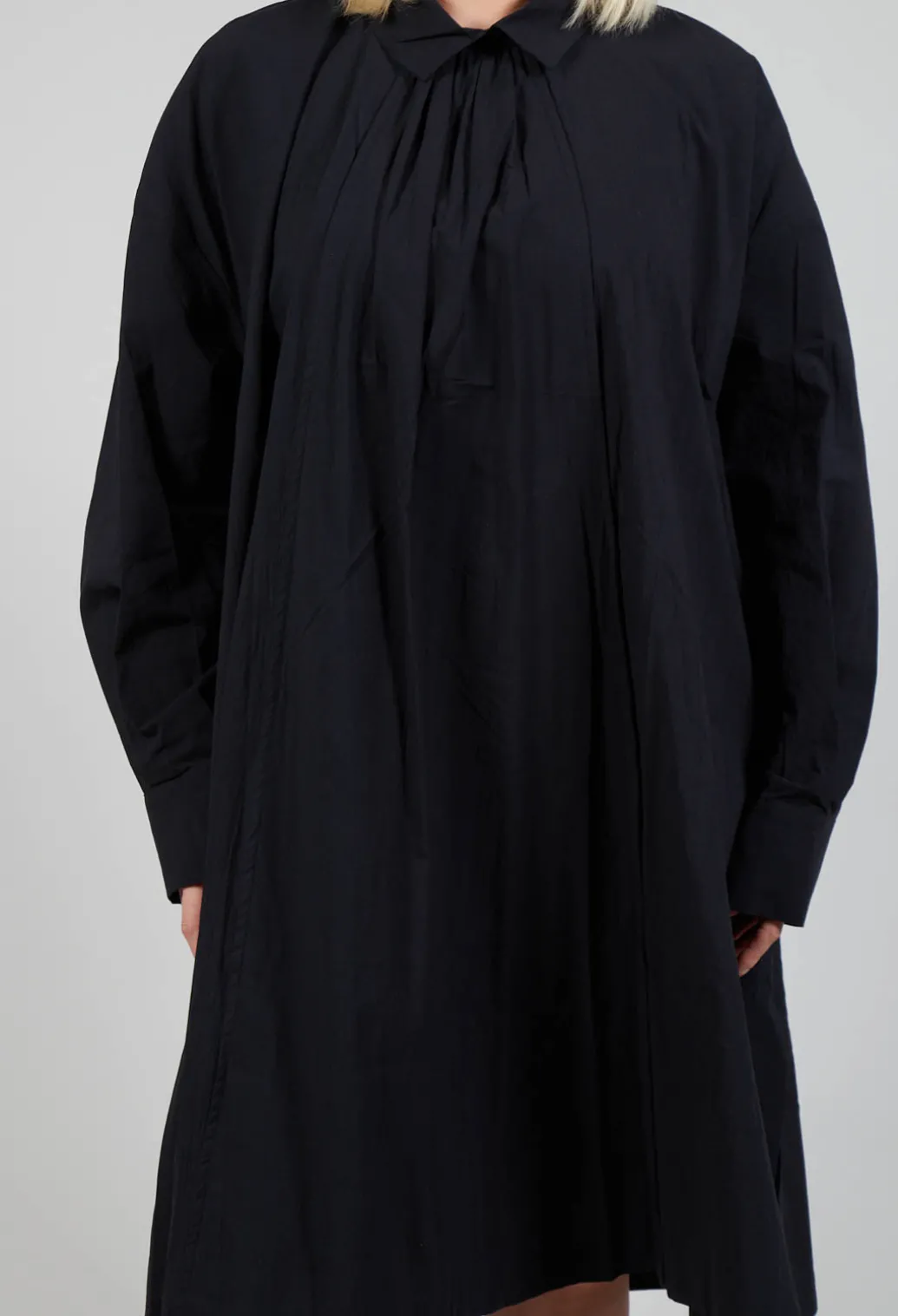 Pleated Neckline Shirt Dress in Black