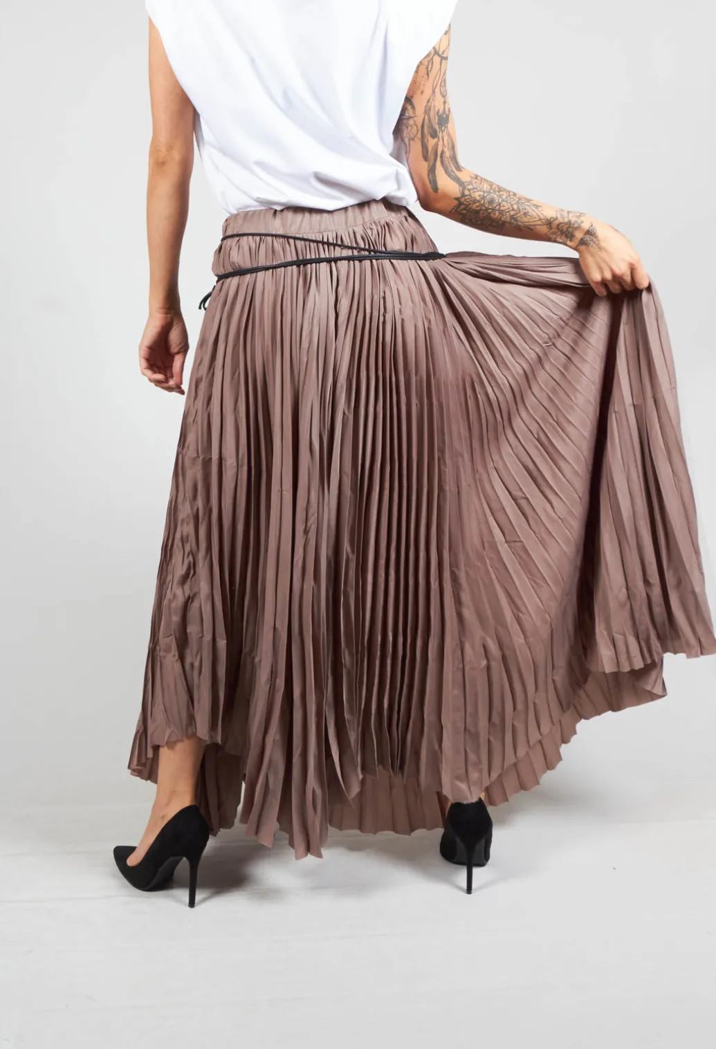 Pleated Skirt with Asymmetric Hem in Brown