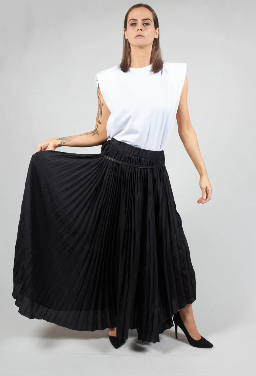 Pleated Skirt with Asymmetric Hem in Black