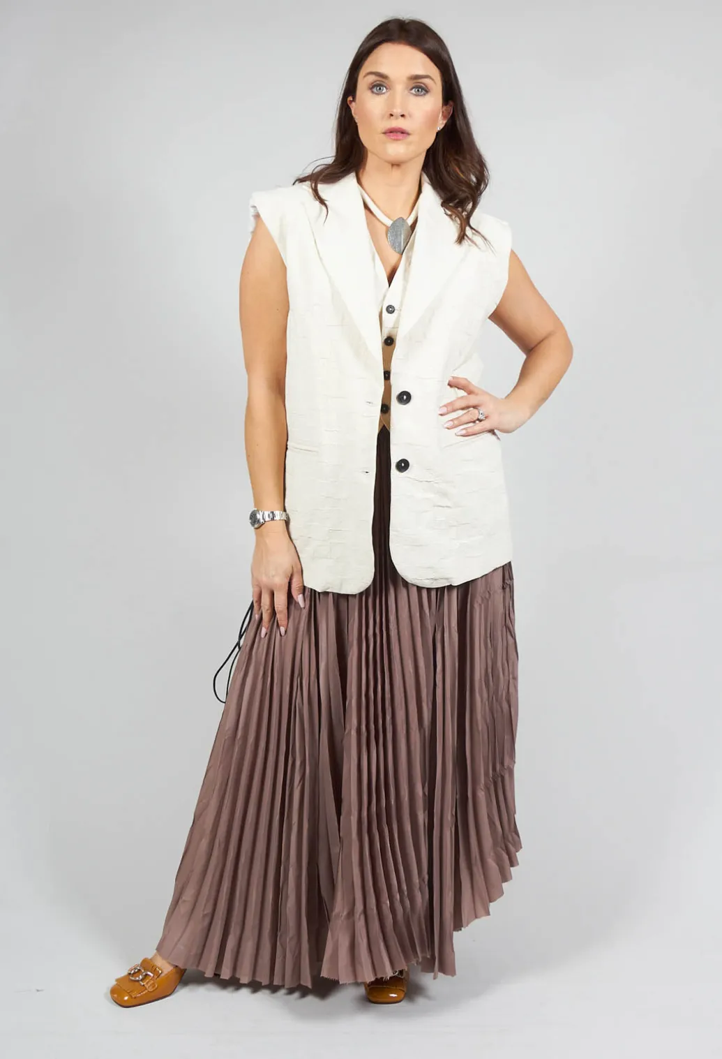 Pleated Skirt with Asymmetric Hem in Brown
