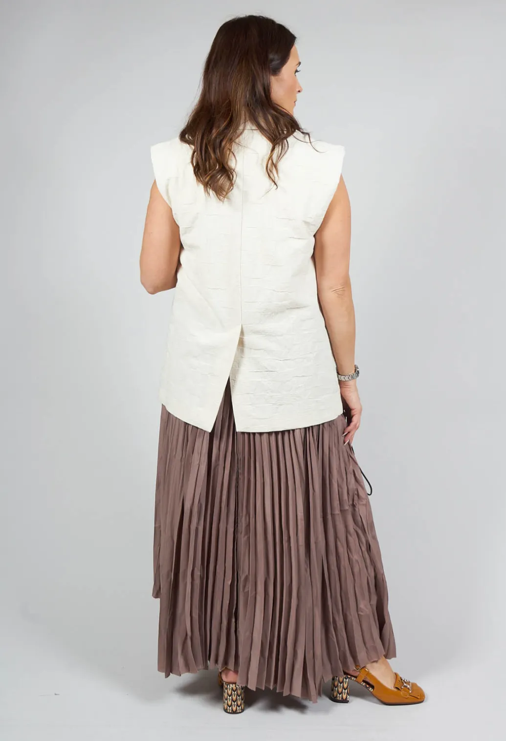 Pleated Skirt with Asymmetric Hem in Brown
