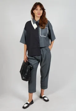 Pleated Wool Trousers in Grey Blue