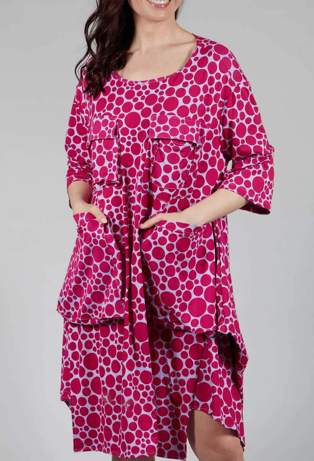 Pocket Dress in White with Lilac with Fuschia Pois