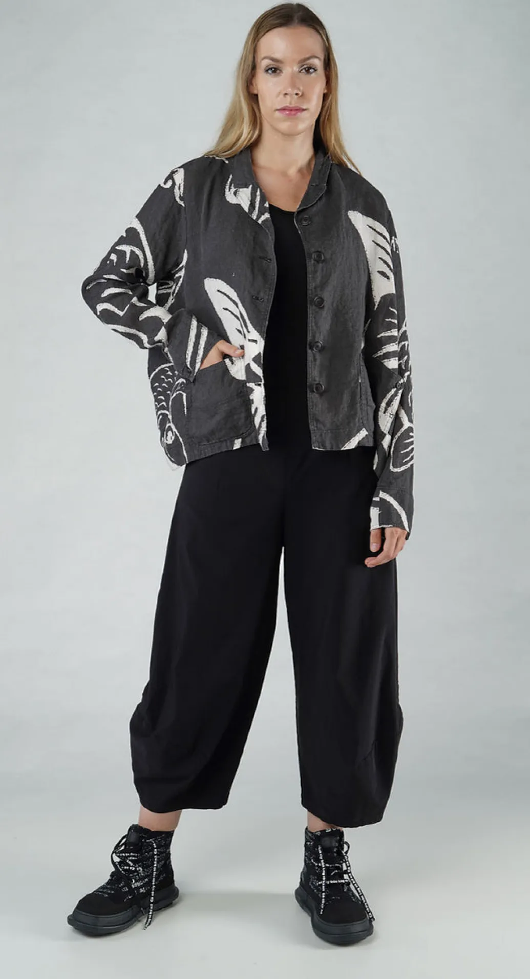PRE-ORDER - Boxy Linen Jacket in Black Print