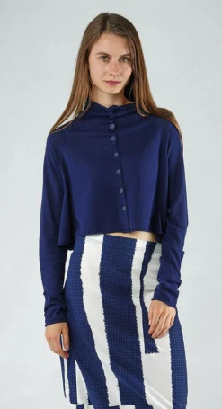 PRE-ORDER - Cropped Lightweight Cardigan in Malibu Navy (Pictured in Navy Offwhite)