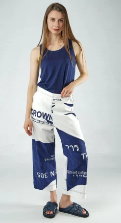 PRE-ORDER - Cropped Pull On Wide Leg Trousers in Navy Print
