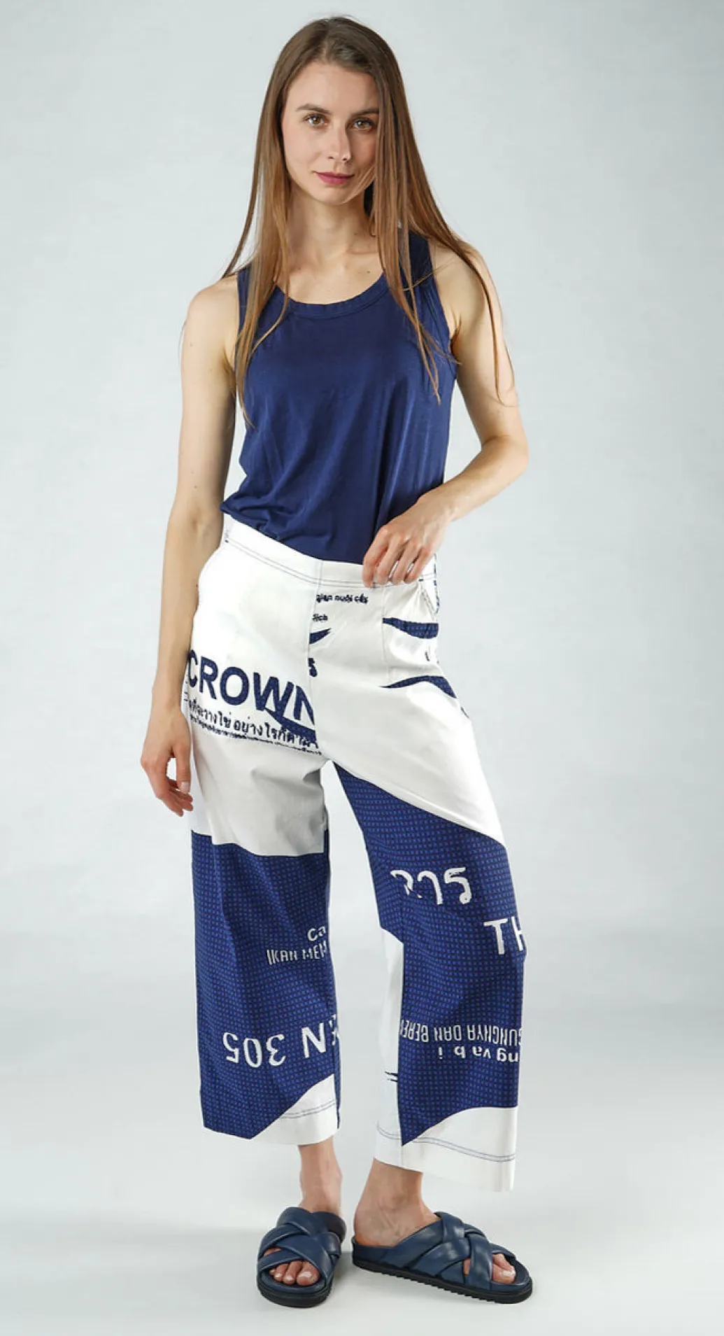 PRE-ORDER - Cropped Pull On Wide Leg Trousers in Navy Print