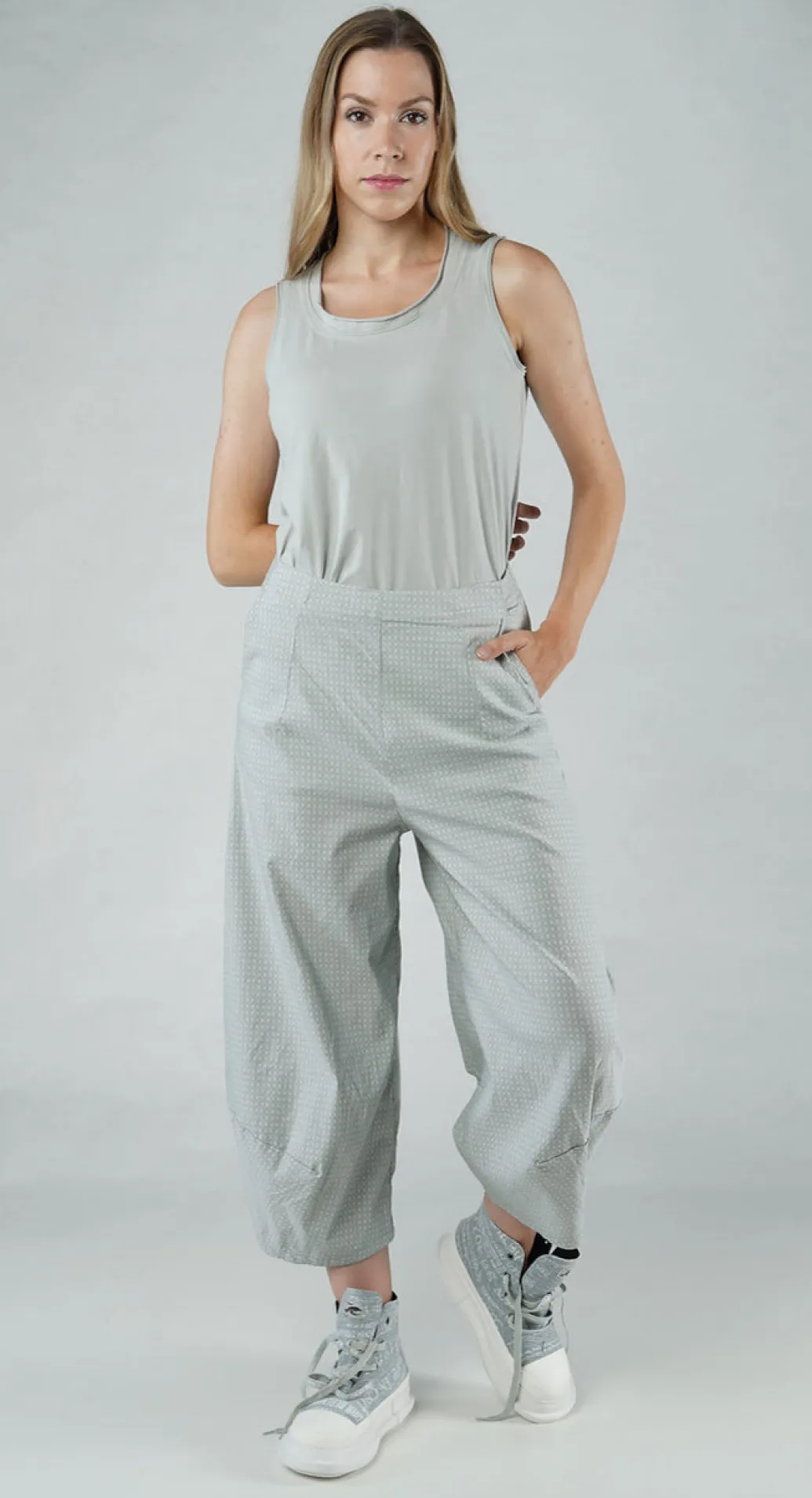PRE-ORDER - Pull On Balloon Trousers in Black Print (Pictured in Grey Check)