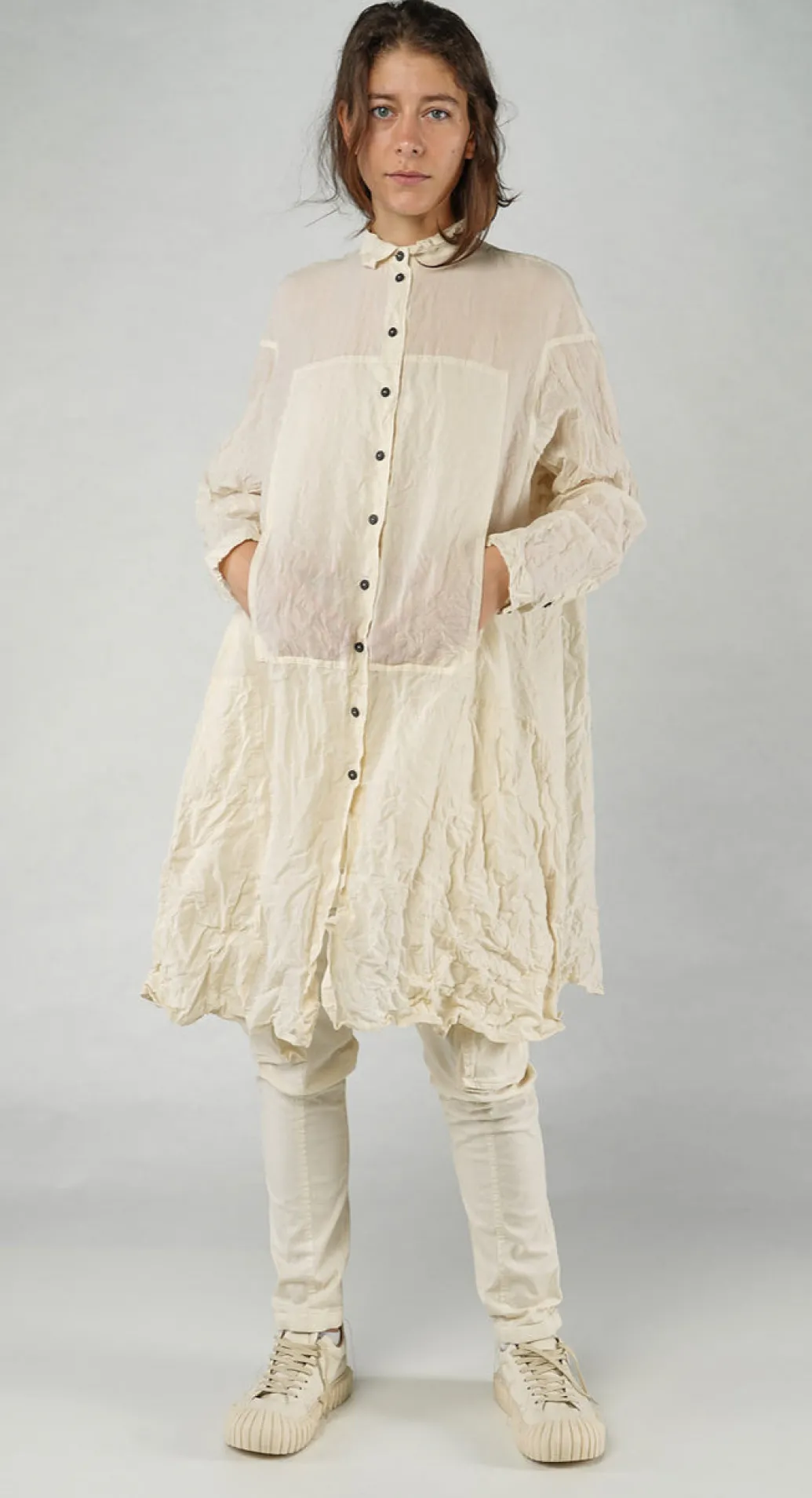 PRE-ORDER - Sheer Crinkled Shirt Dress in Semi Bleach Paper (Pictured in Greige Paper)