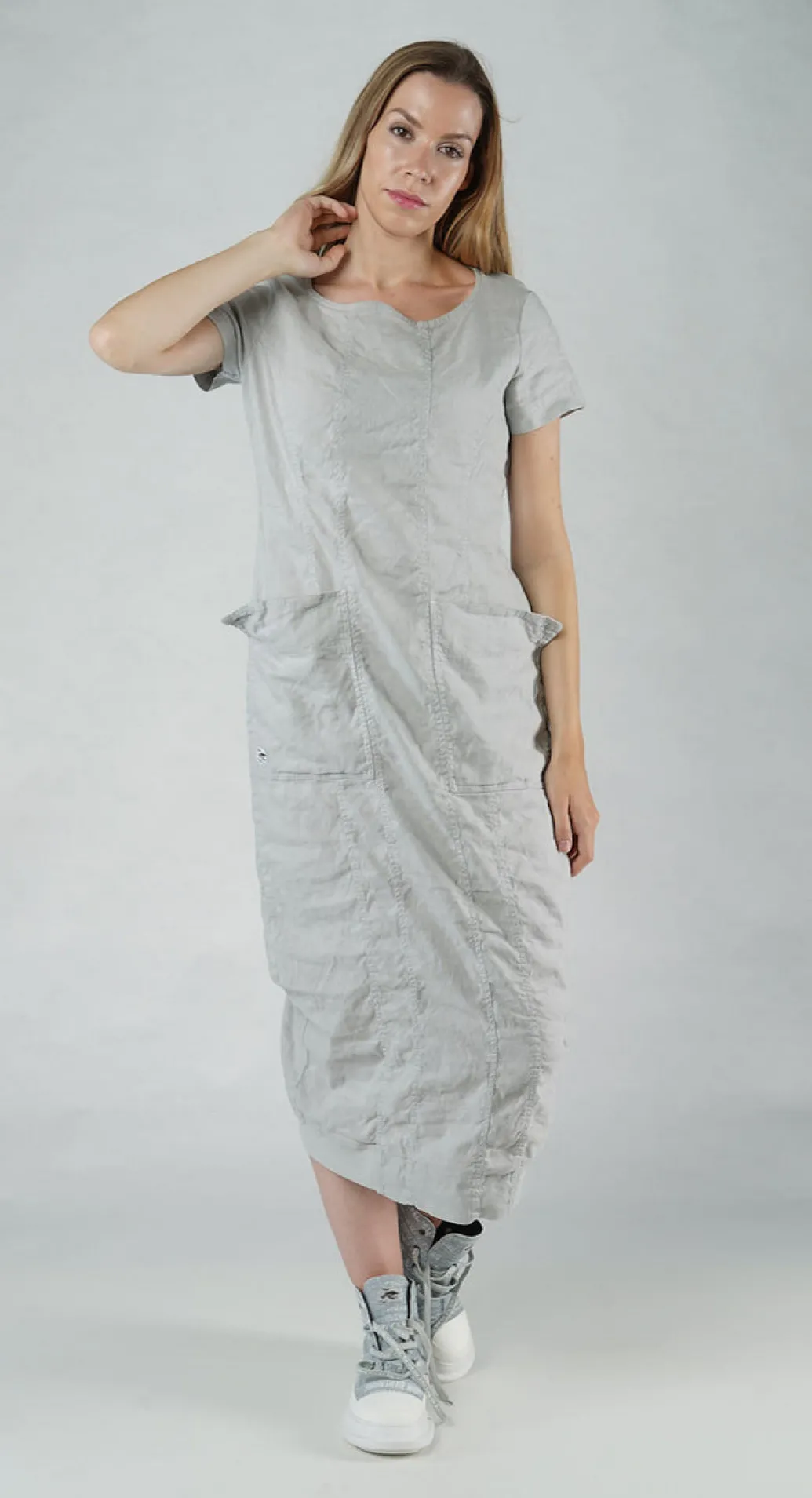 PRE-ORDER - Short Sleeve Fitted Dress in Navy (Pictured in Grey)