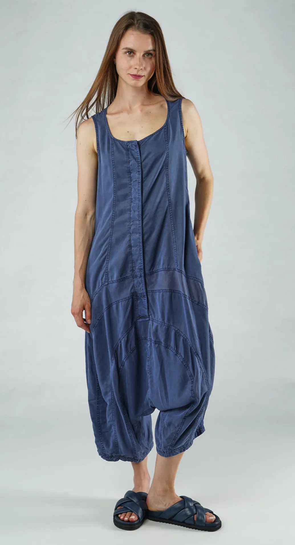 PRE-ORDER - Sleeveless Jumpsuit with Curved Seams in Malibu Pigment (Pictured in Navy Pigment)