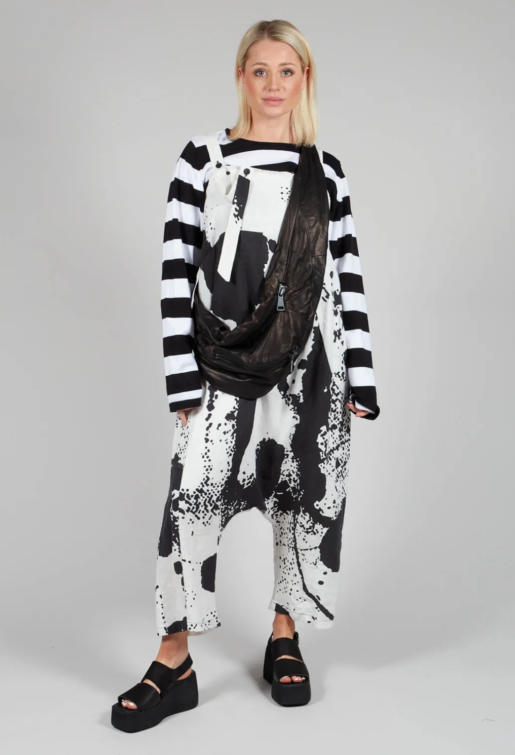 Print Linen Dungarees in Original White