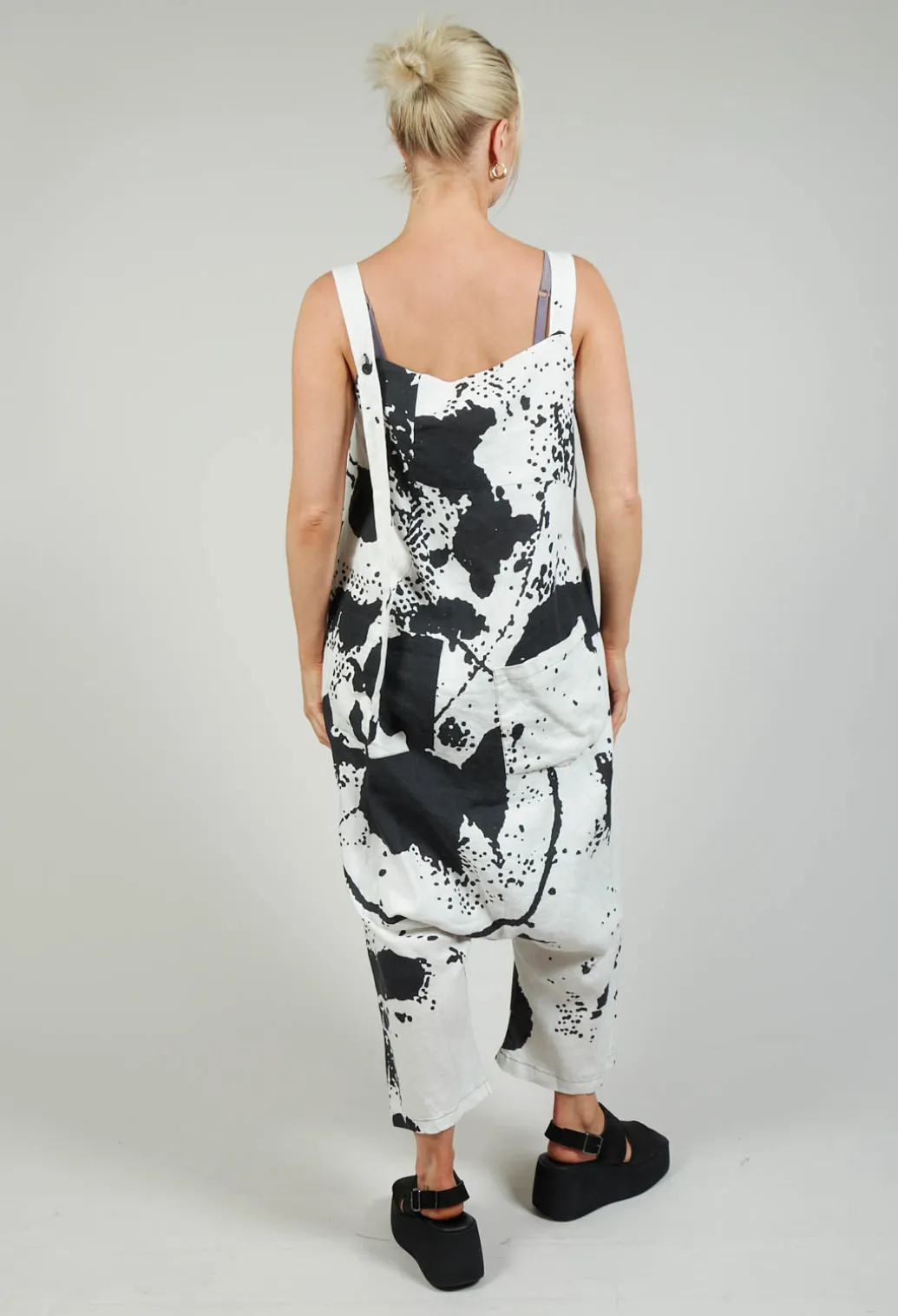 Print Linen Dungarees in Original White