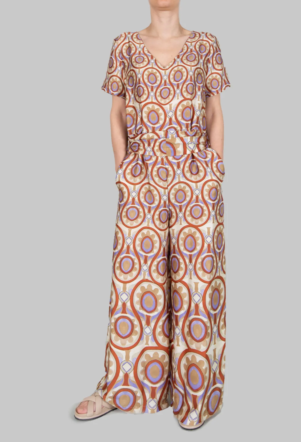 Printed Jumpsuit in Beige/Malva