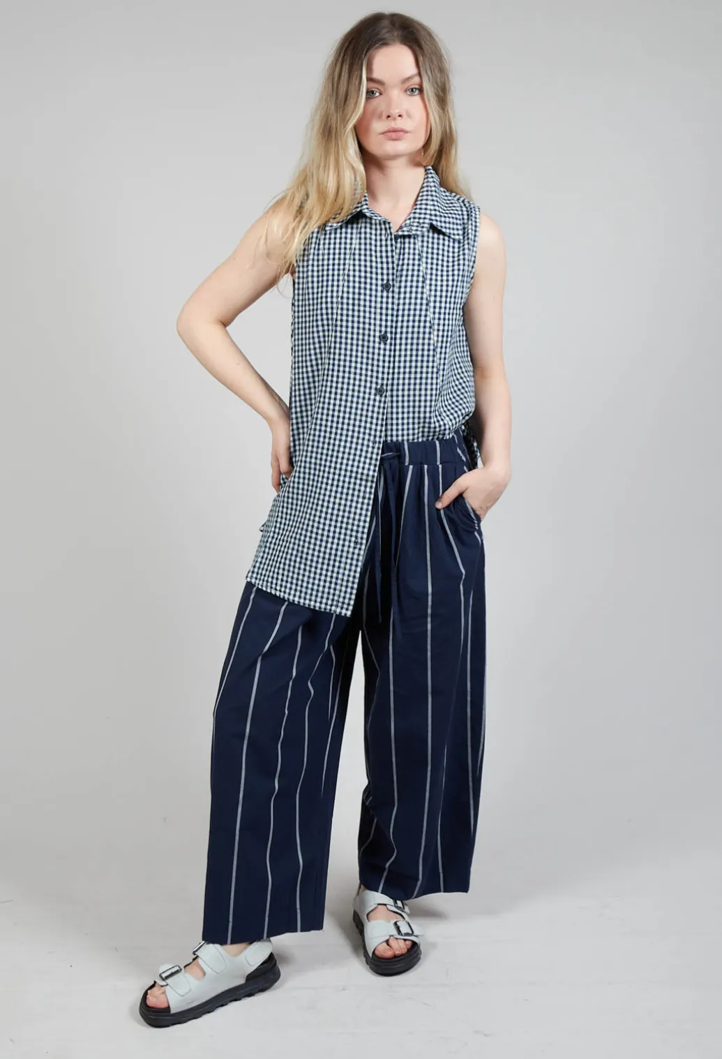 Pull String Waist Trousers in Indigo Striped