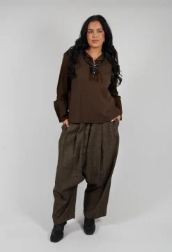 Relaxed Drop Crotch Trousers in Camel Check