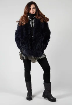 Reversible Shearling Coat with Fur Lining in Night Sky Navy
