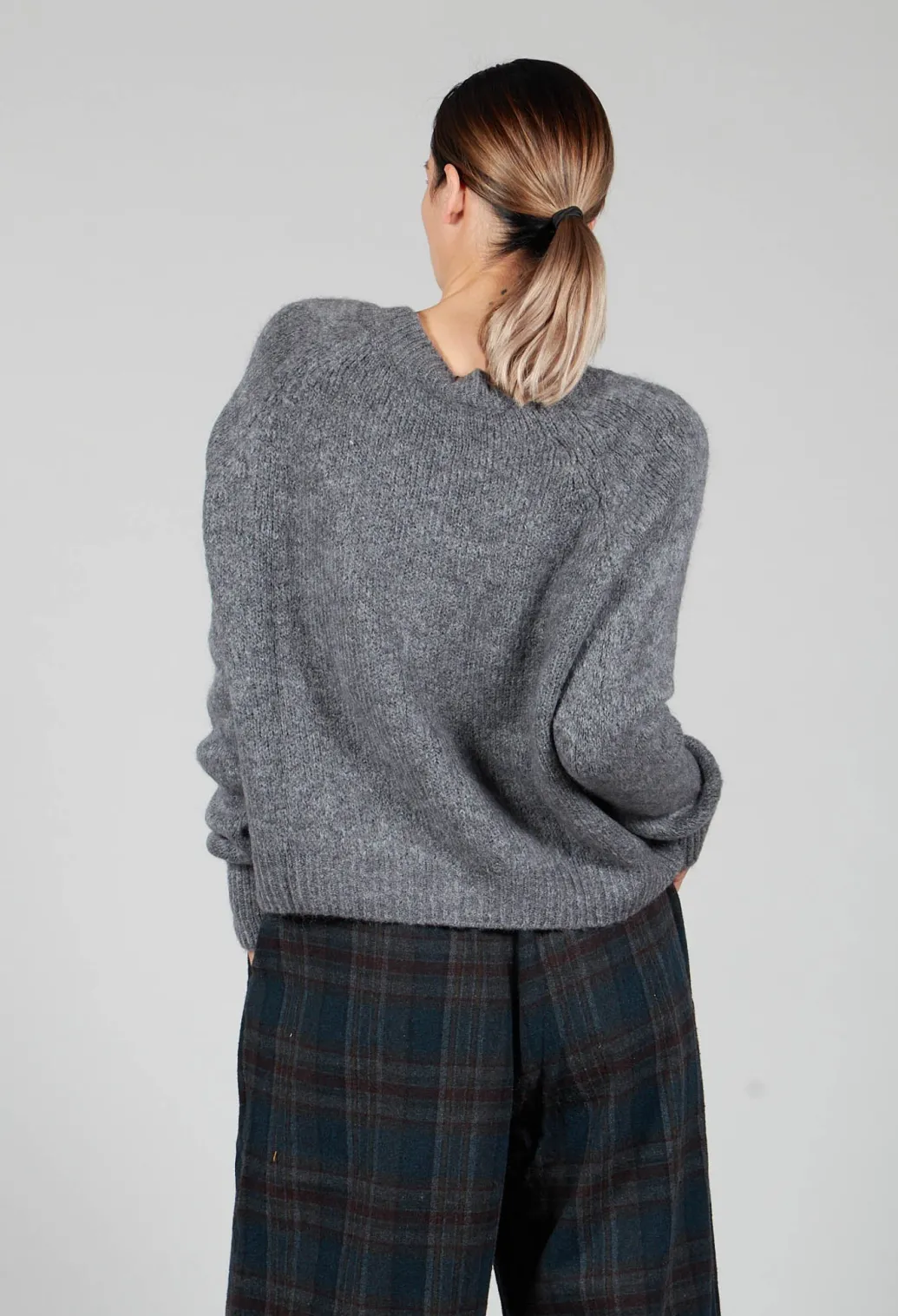 Ribbed V Neck Buttoned Sweater in Ash Grey
