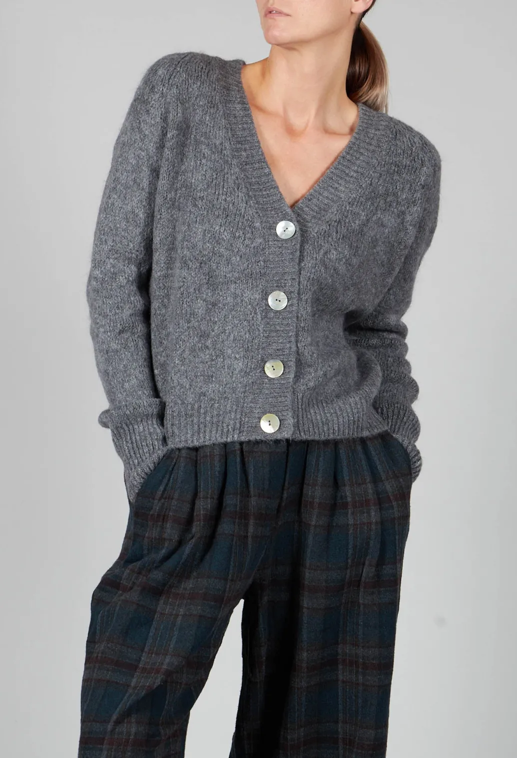 Ribbed V Neck Buttoned Sweater in Ash Grey