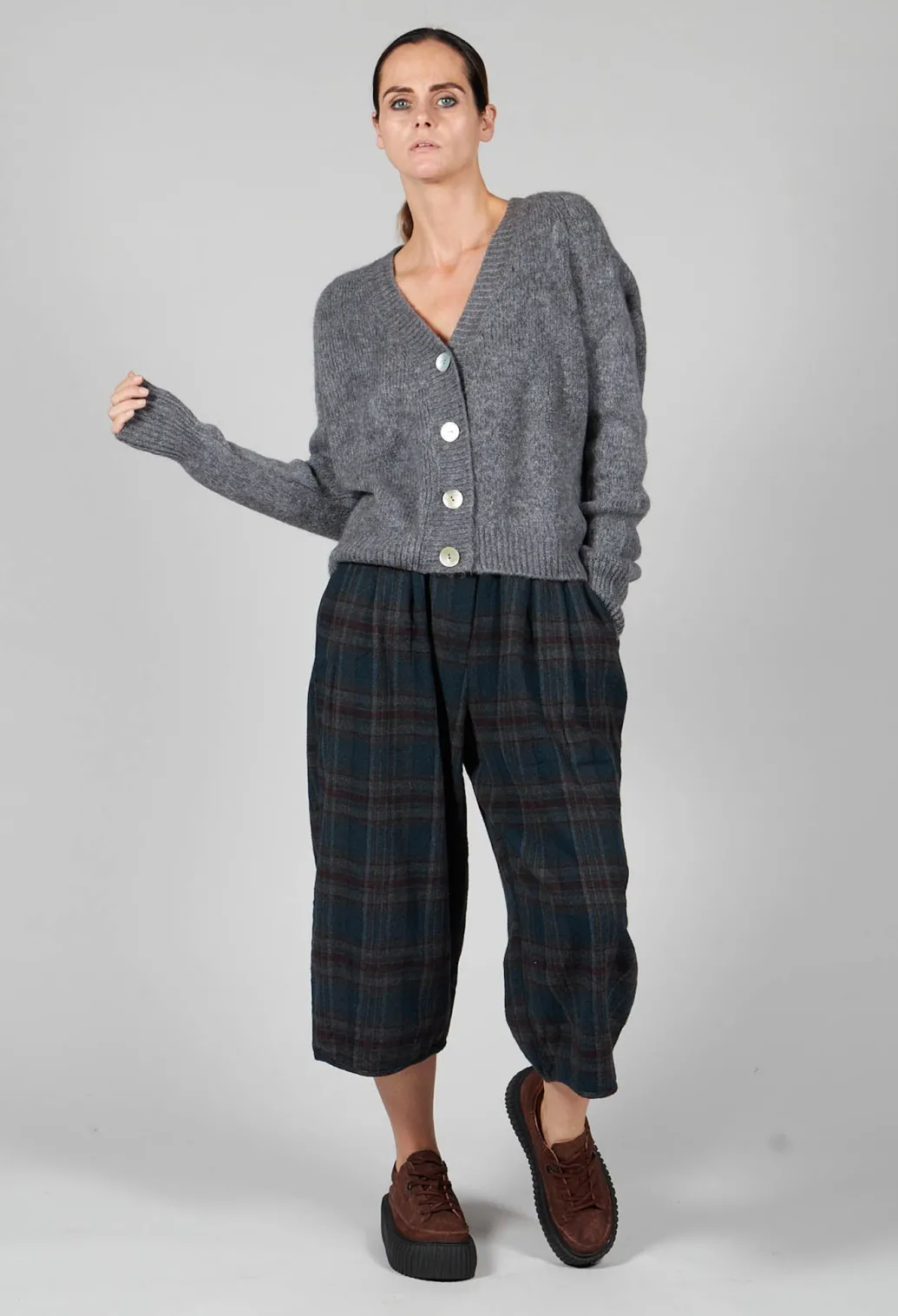 Ribbed V Neck Buttoned Sweater in Ash Grey