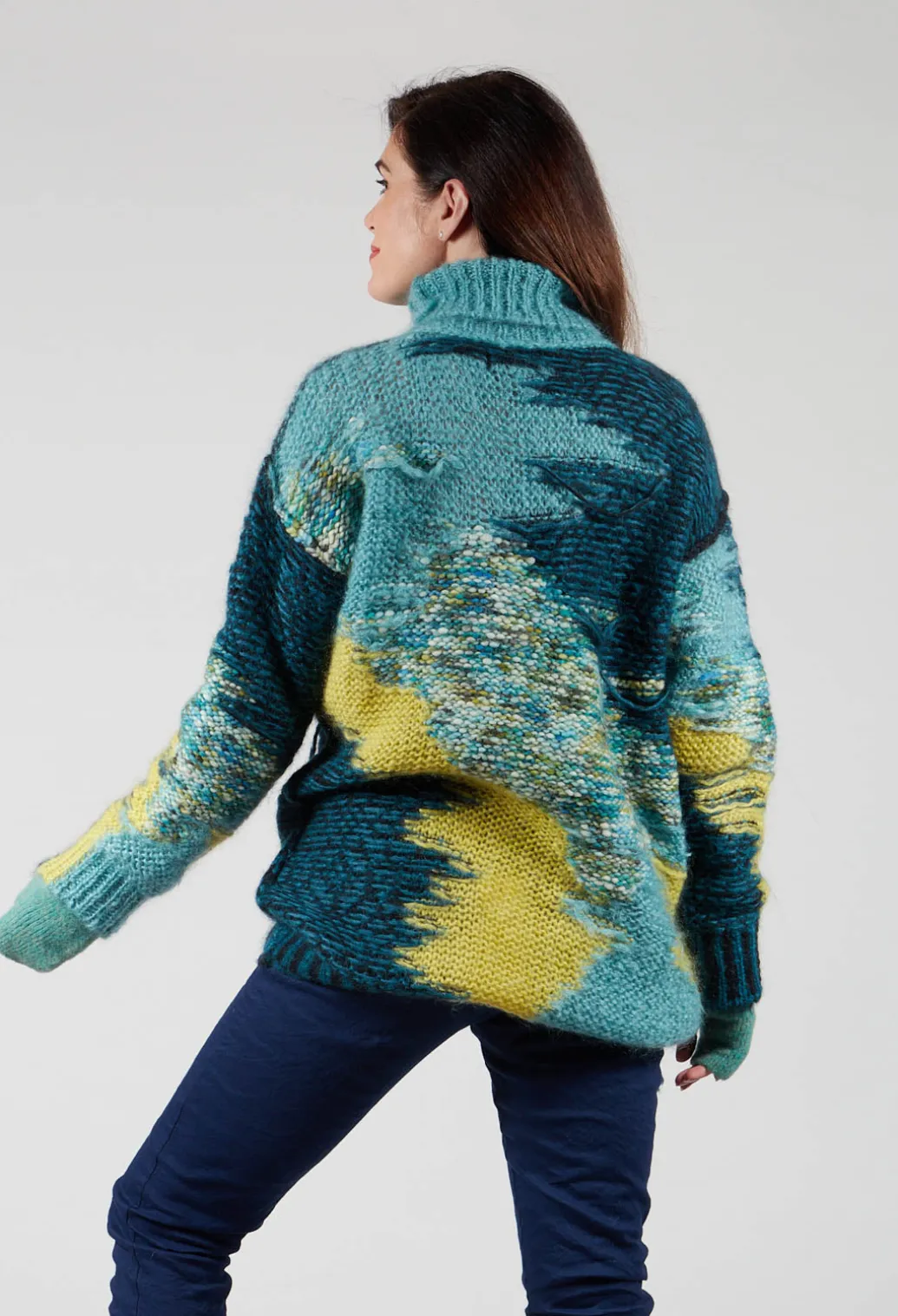 Roll Neck Jumper with Fringe Detail in Turquoise