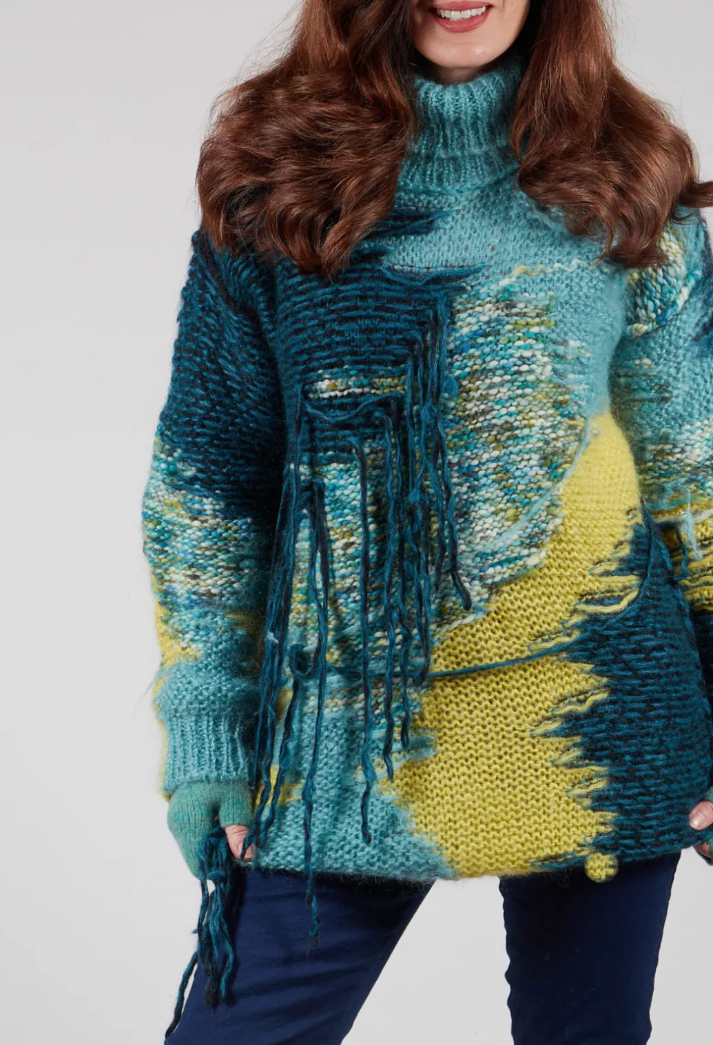 Roll Neck Jumper with Fringe Detail in Turquoise