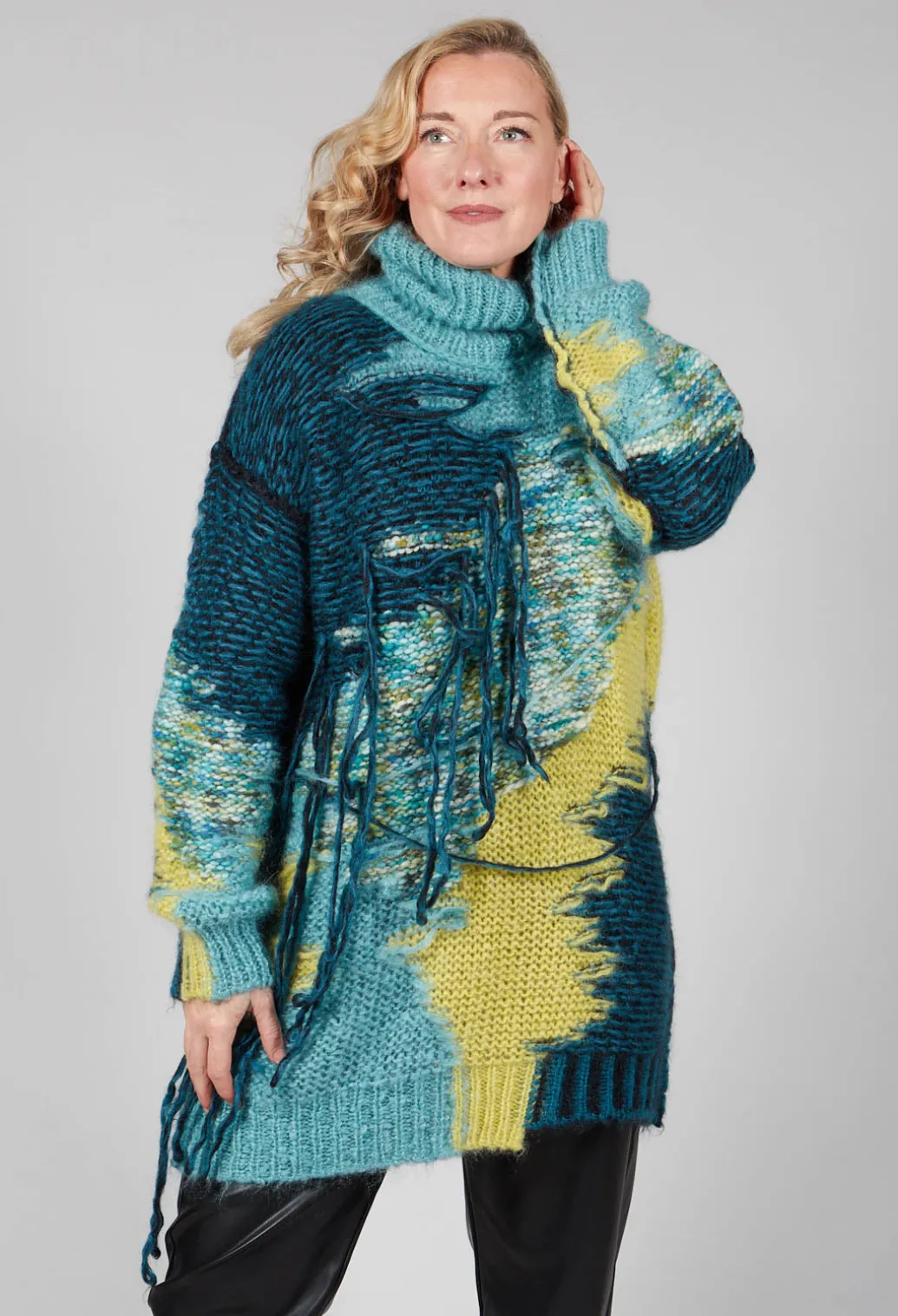 Roll Neck Jumper with Fringe Detail in Turquoise