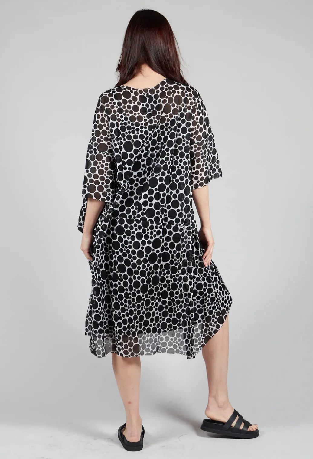 Sheer Pocket Detail Dress in White with Black Pois