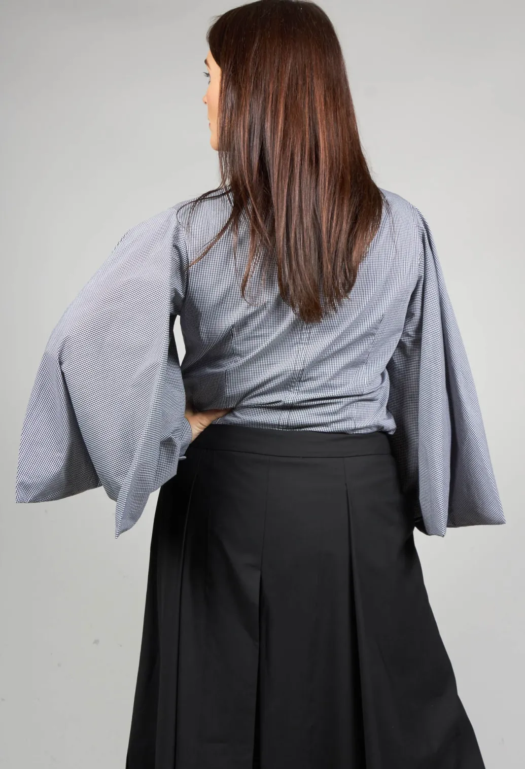 Shirt with Flared Puff Sleeves in Black Check