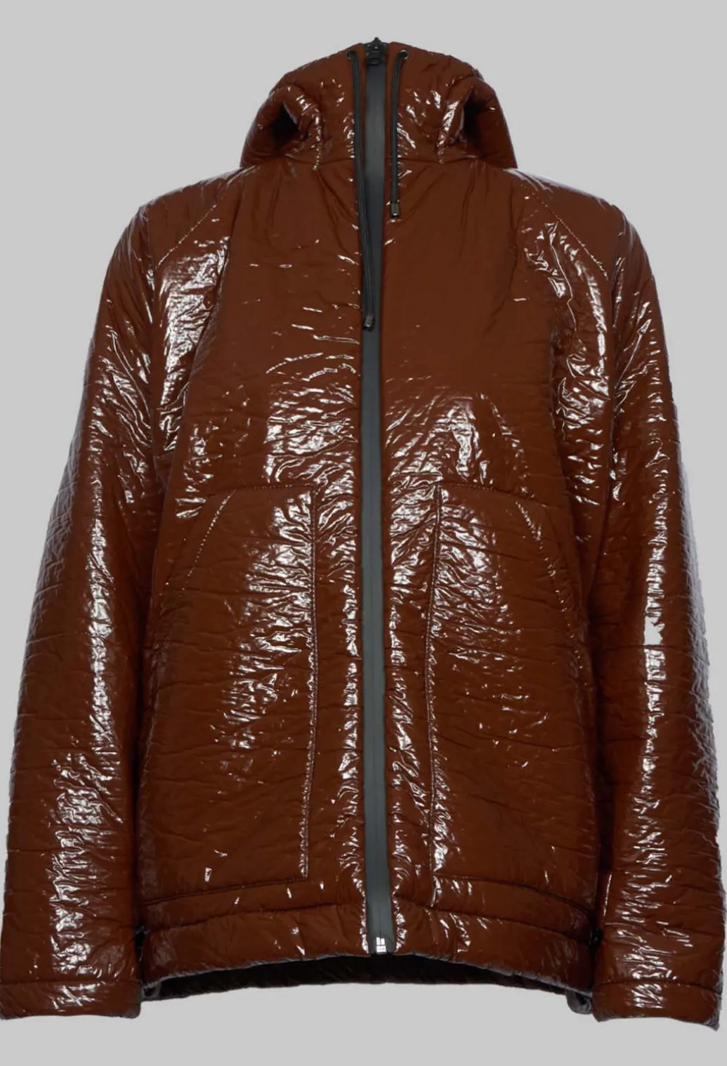 Short A Line Jacket with Hood in Glossy Mahony