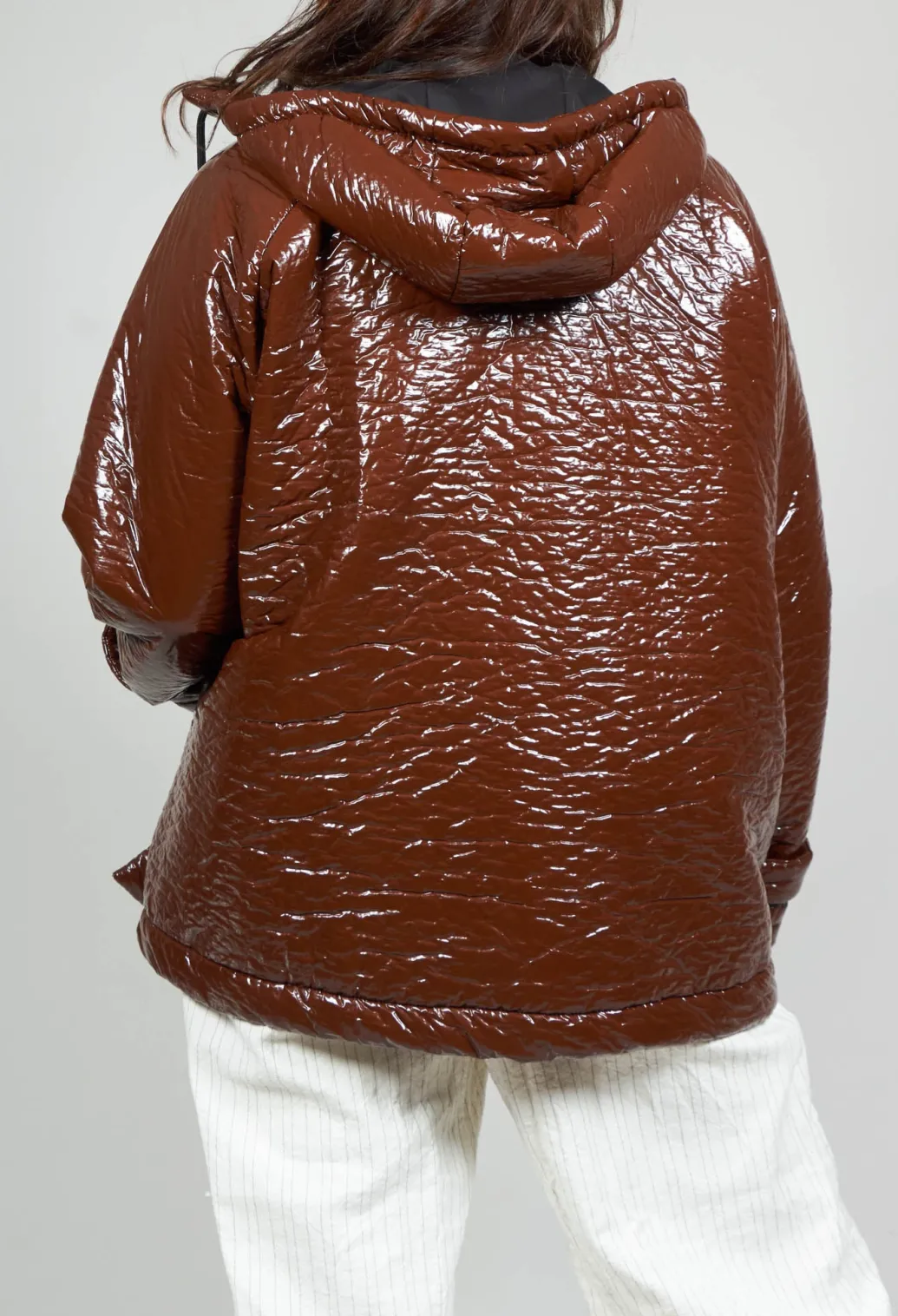 Short A Line Jacket with Hood in Glossy Mahony