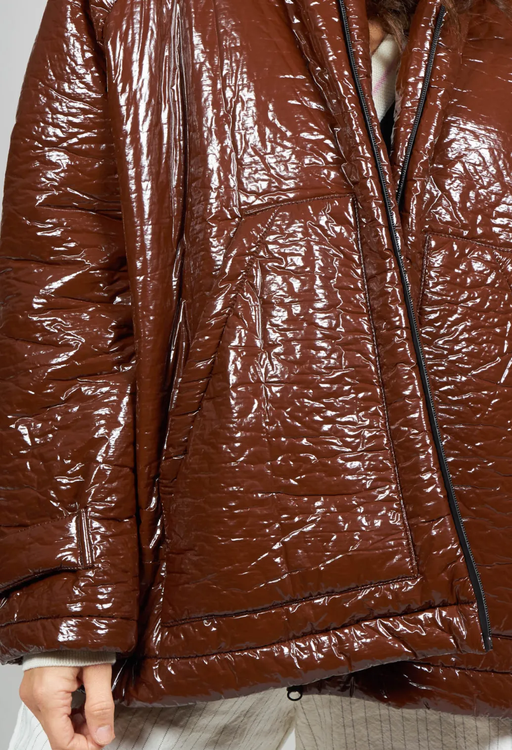Short A Line Jacket with Hood in Glossy Mahony