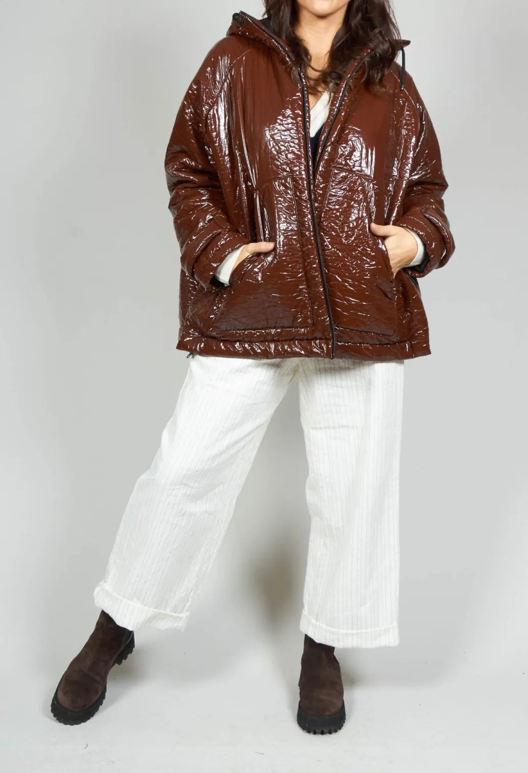 Short A Line Jacket with Hood in Glossy Mahony