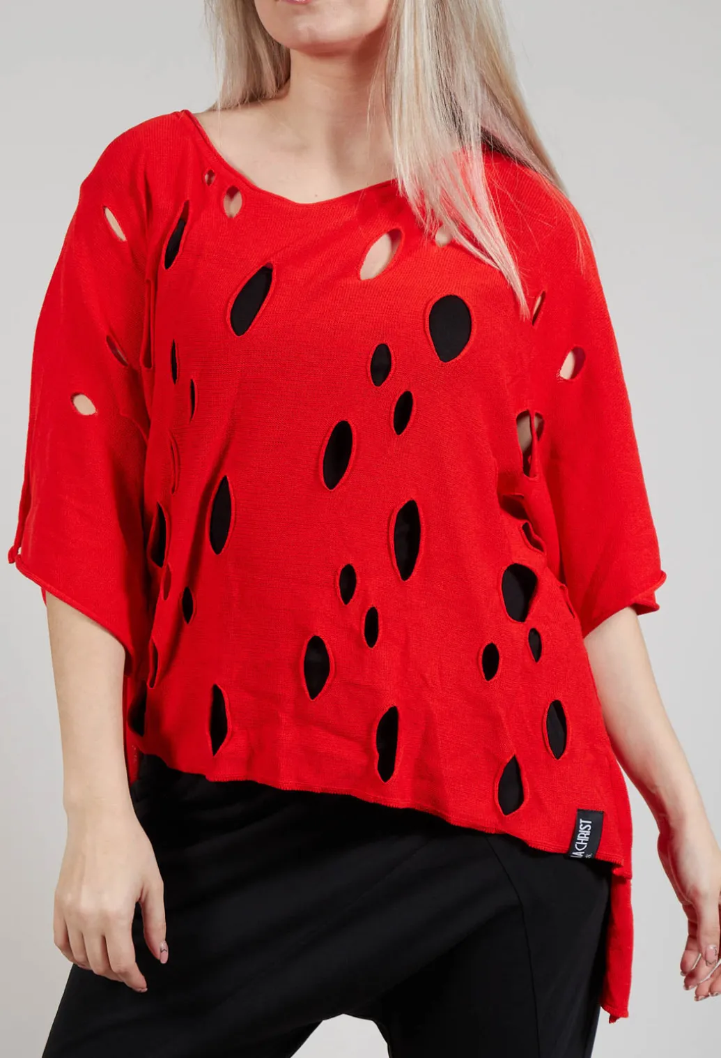 Short Sleeved Jumper with Hole Detail in Red