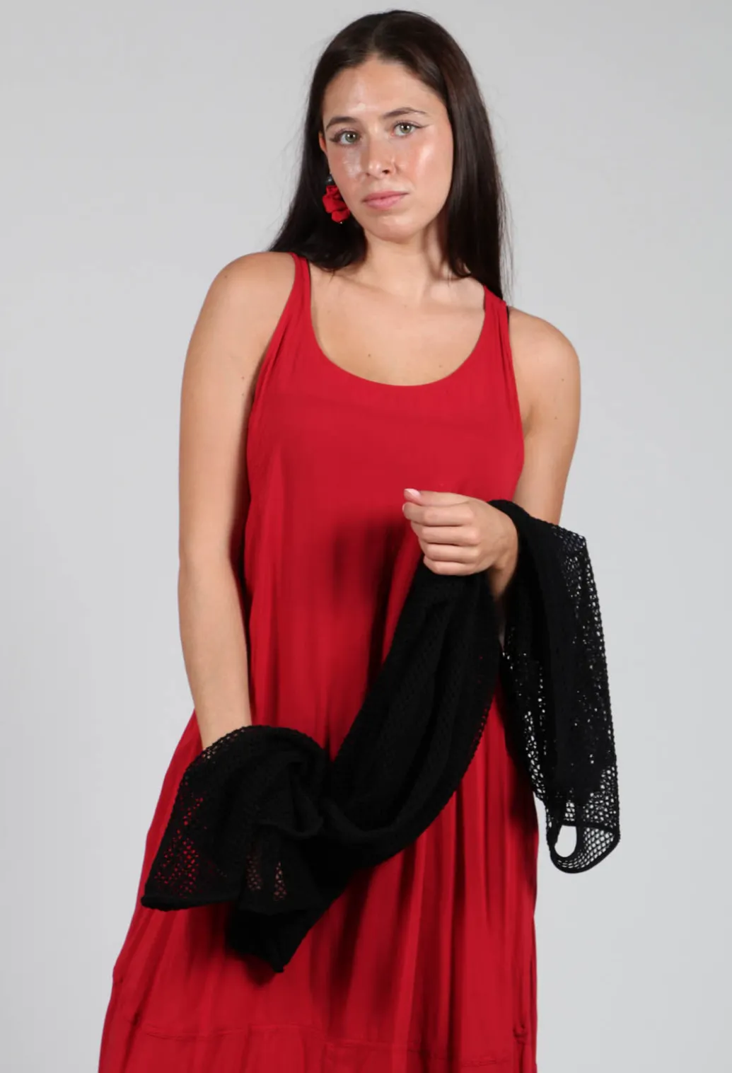 Sleeveless Jersey Dress with Asymmetric Hem in Chili