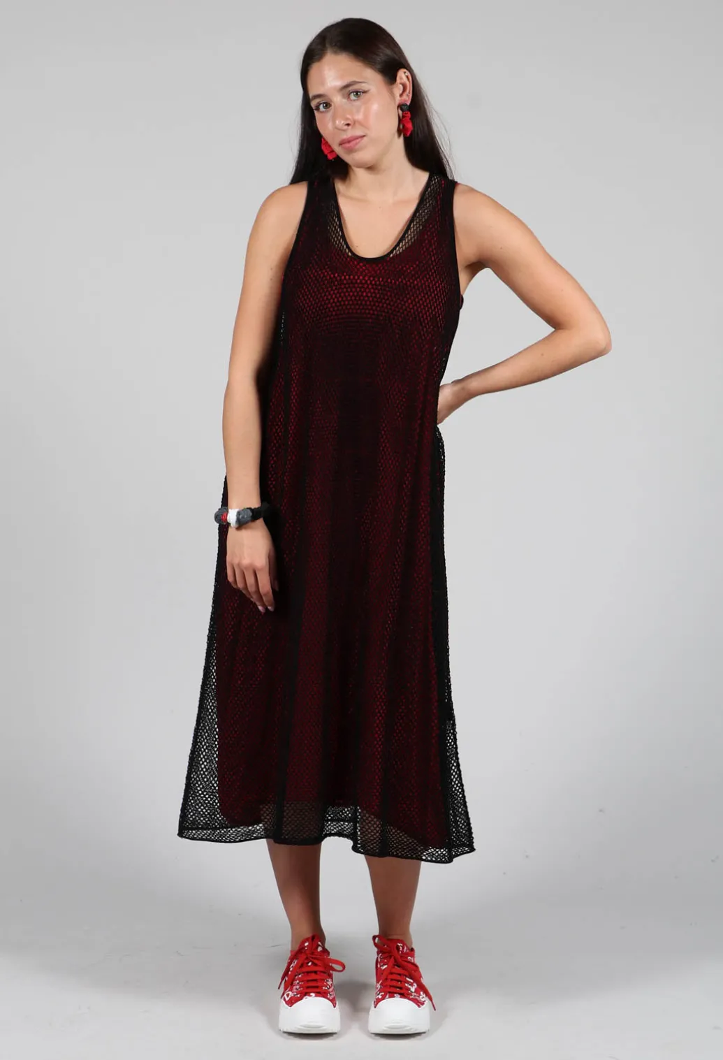 Sleeveless Jersey Dress with Asymmetric Hem in Chili