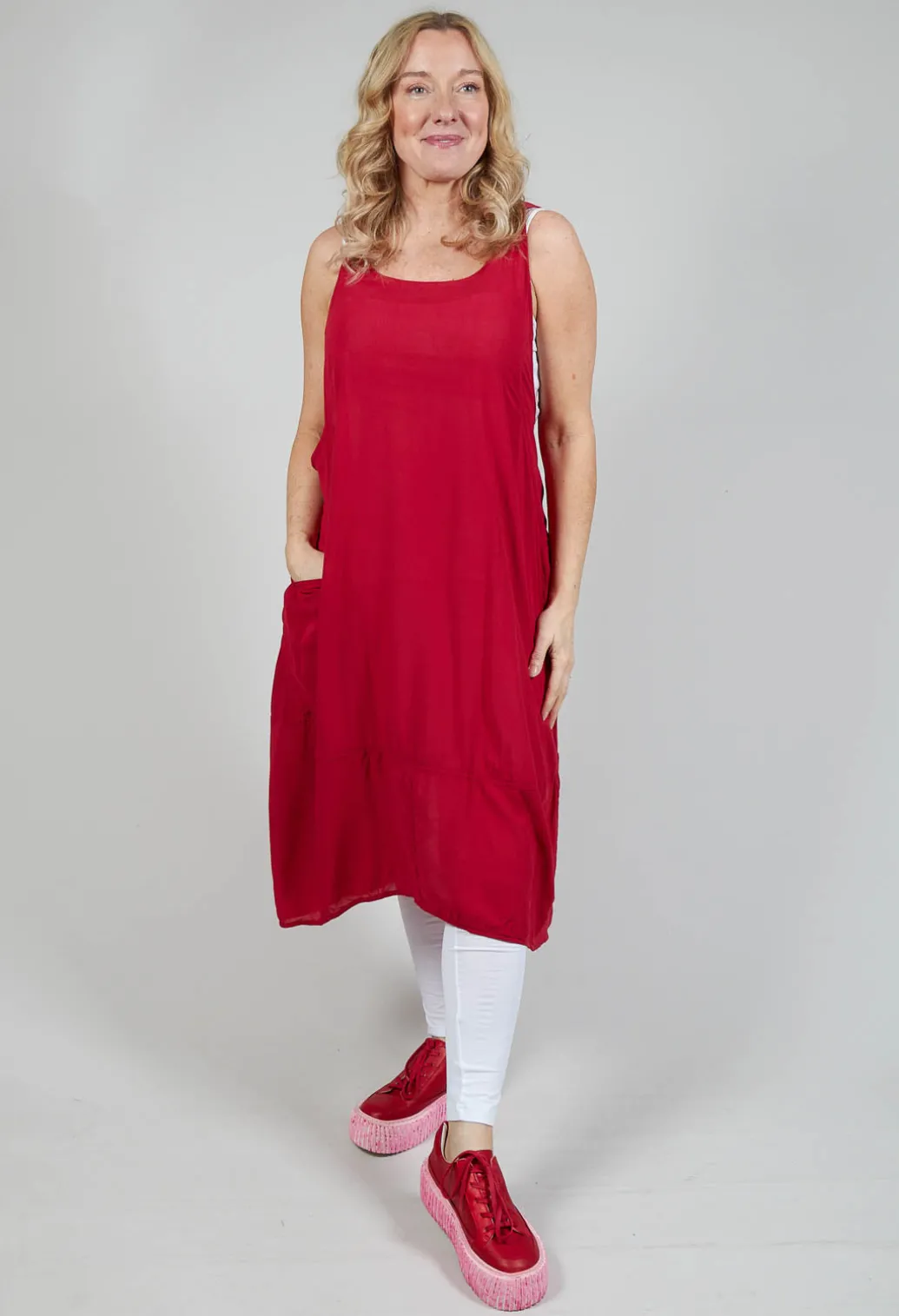Sleeveless Jersey Dress with Asymmetric Hem in Chili